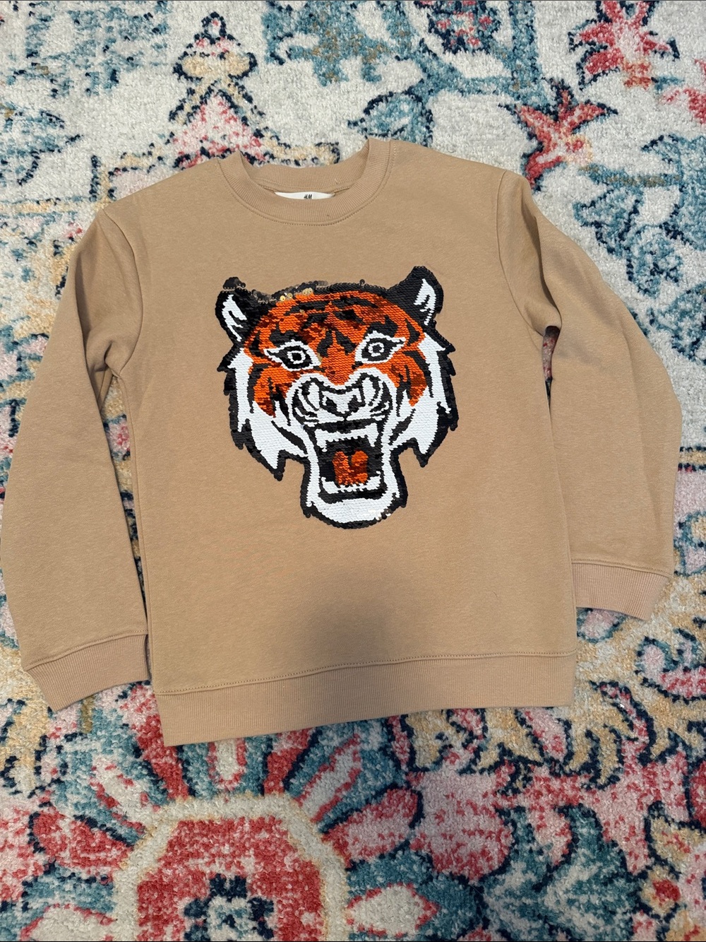 H&M Tan Sweatshirt with Bold Tiger Face Graphic